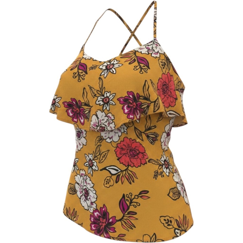 Love On A Hanger Mustard Yellow Floral Ruffle Halter Top Blouse Medium, bohemian